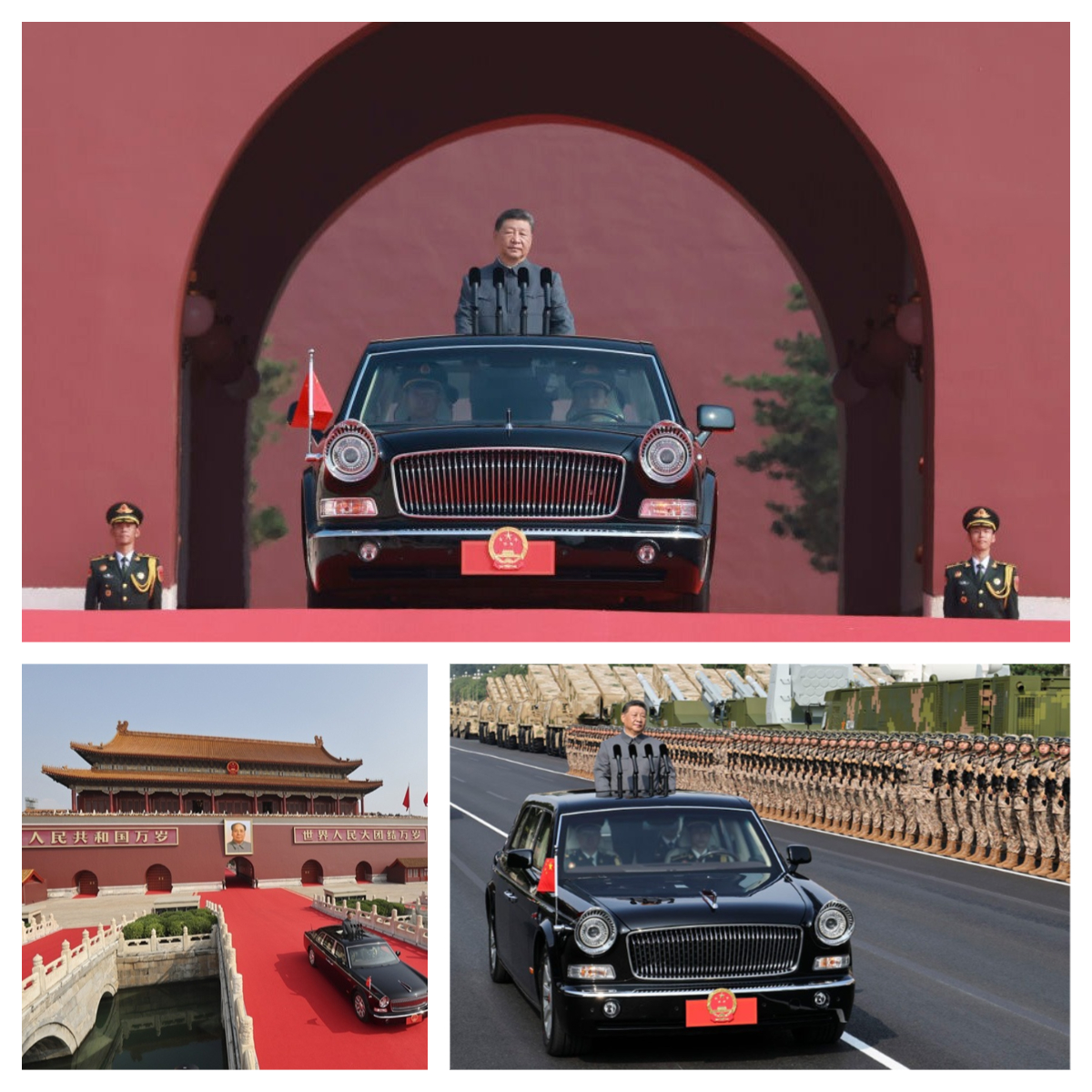 習(xí)主席身著中山裝，乘坐紅旗檢閱車緩緩駛出天安門城樓